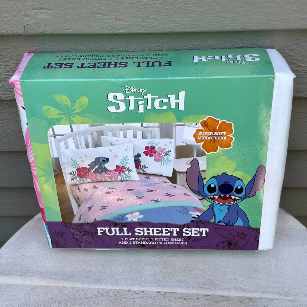 Disney Stitch Full Sheet Set Pink Teal Floral Tropical 4 Piece Microfiber New